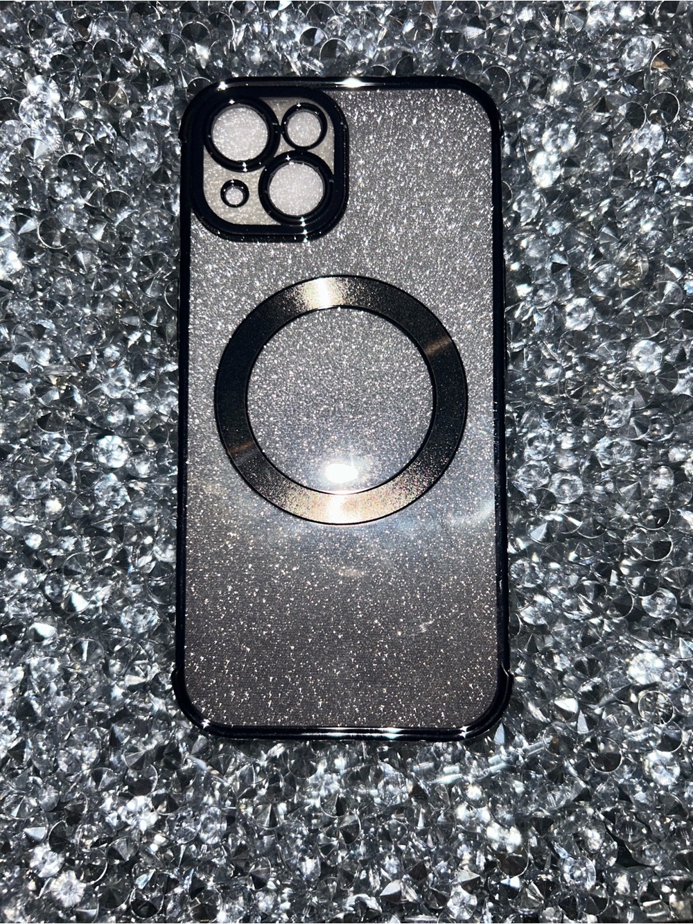 Glitter Silver Magnetic Ring iPhone Case - Clear Black Trim